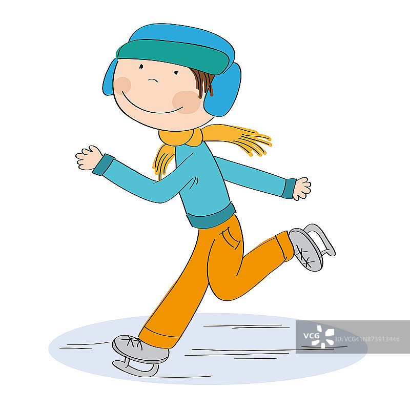 快乐的溜冰者，冬季运动，可爱的男孩溜冰-原创手绘插画图片素材