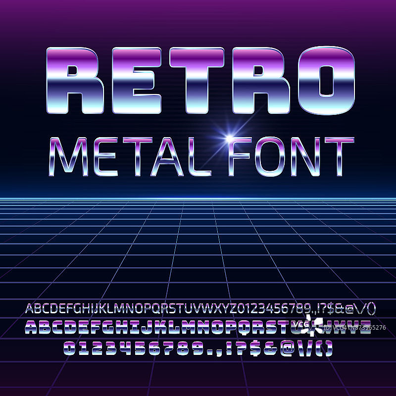 复古空间金属矢量字体。金属的未来主义的铬字母和数字在80年代复古风格图片素材