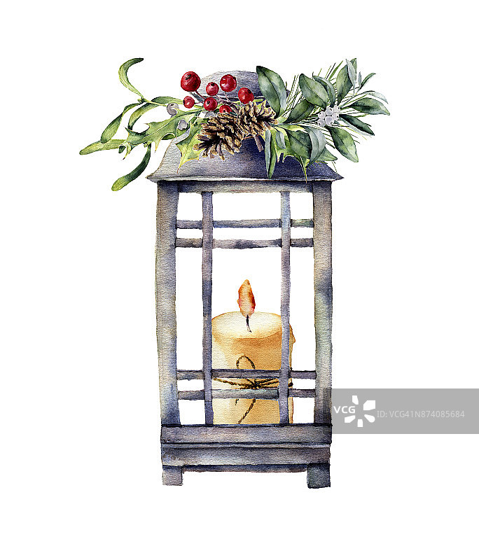 水彩传统圣诞灯笼与蜡烛和节日装饰。手工绘制的灯笼与圣诞植物孤立在白色的背景。设计或印刷图片素材