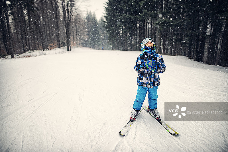一个小男孩在一个美丽的冬日滑雪图片素材