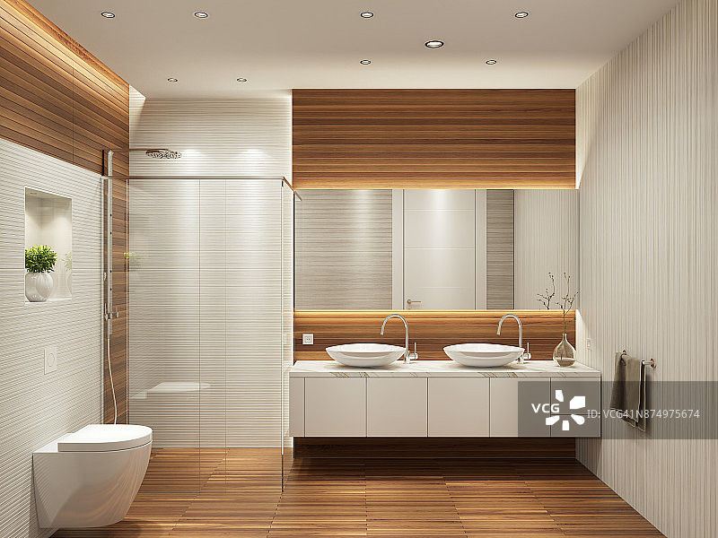 现代现代的室内浴室有两个水槽和大镜子图片素材