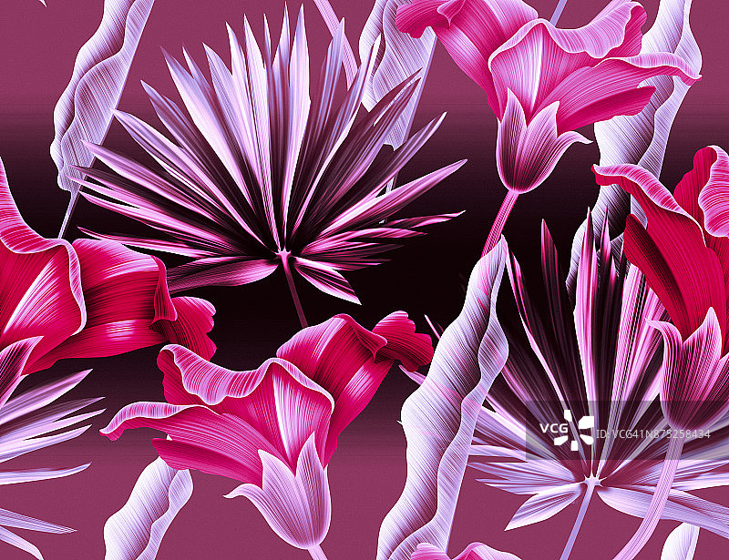 无缝热带花卉，植物和叶图案背景图片素材