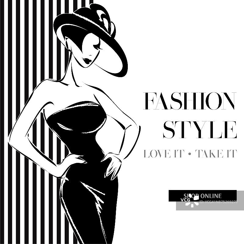 黑色和白色的时尚销售横幅与女人时尚剪影，网上购物社交媒体广告与美丽的女孩网络模板。矢量图图片素材