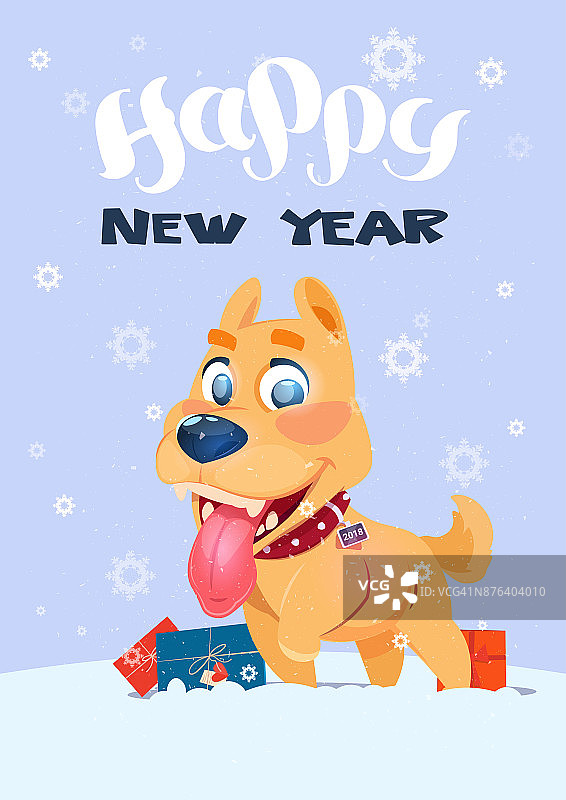 新年快乐海报狗与礼物在雪花的背景图片素材