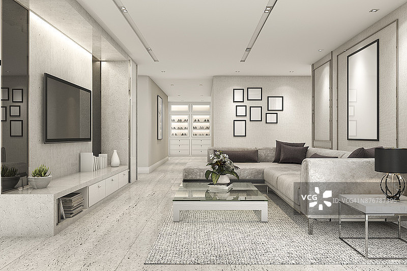 3d渲染豪华和现代的客厅与大理石瓷砖装饰图片素材