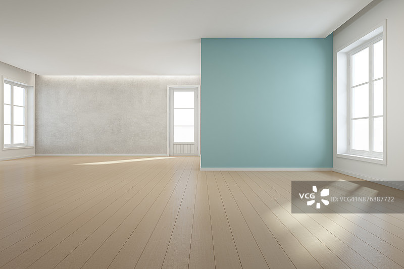 现代新住宅大房间蓝色混凝土墙背景木地板，空厅或自然光工作室白色复古门窗图片素材
