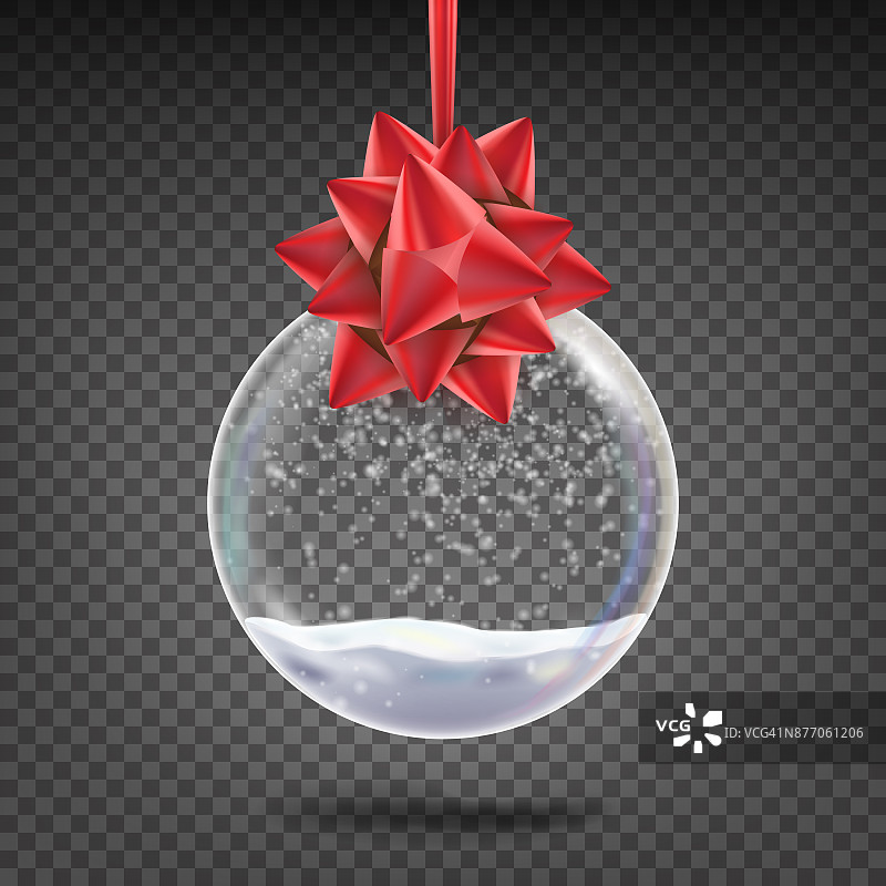 现实圣诞球向量。闪亮的玻璃圣诞圣诞树玩具雪花和红蝴蝶结。孤立的透明背景插图图片素材