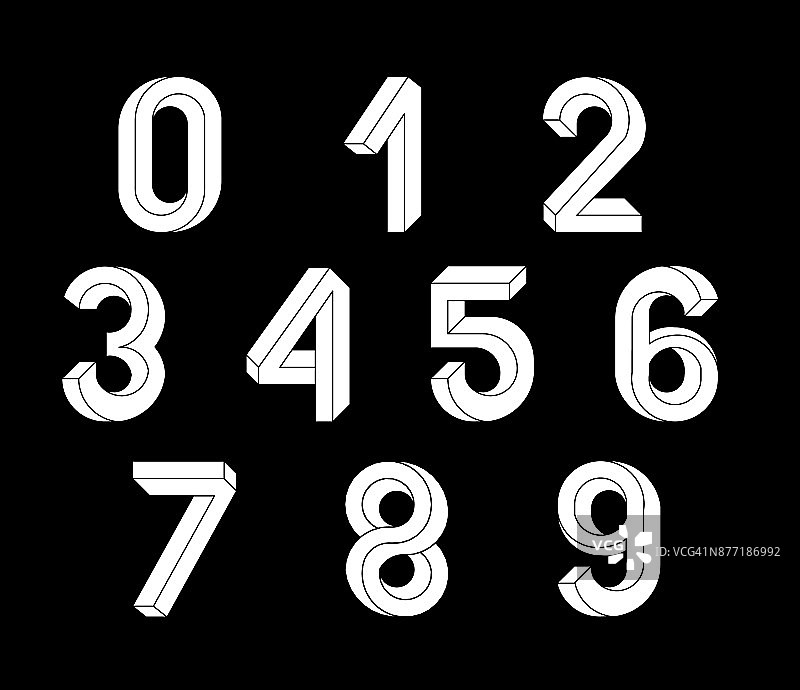 不可能的几何数据。不可能的形状的字体。低多边形3d字符。几何字体。等距图形3d数字。黑色背景上的白色符号。矢量插图10 eps。图片素材