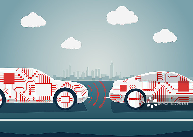 自动驾驶概念作为汽车行业数字化的例子。互联汽车相互通信的矢量图图片素材