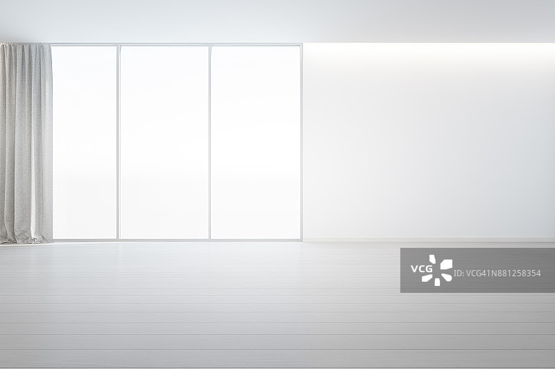 现代新住宅大房间白色混凝土墙背景木地板，空厅或自然光工作室的灰色窗框和窗帘图片素材