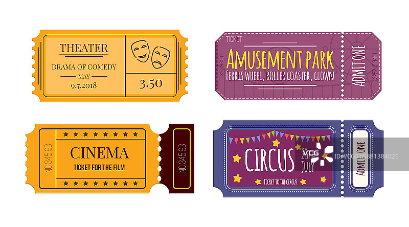 在剧院、电影院、马戏团、游乐园等场所设置门票和优惠券图片素材