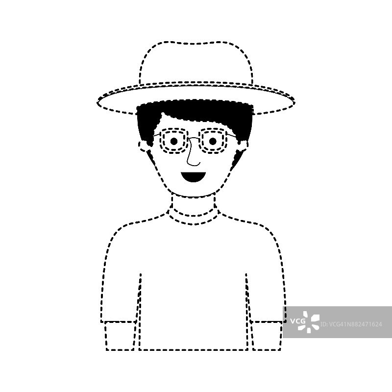 男人半身体与帽子和眼镜和t恤与短头发在黑色点轮廓图片素材