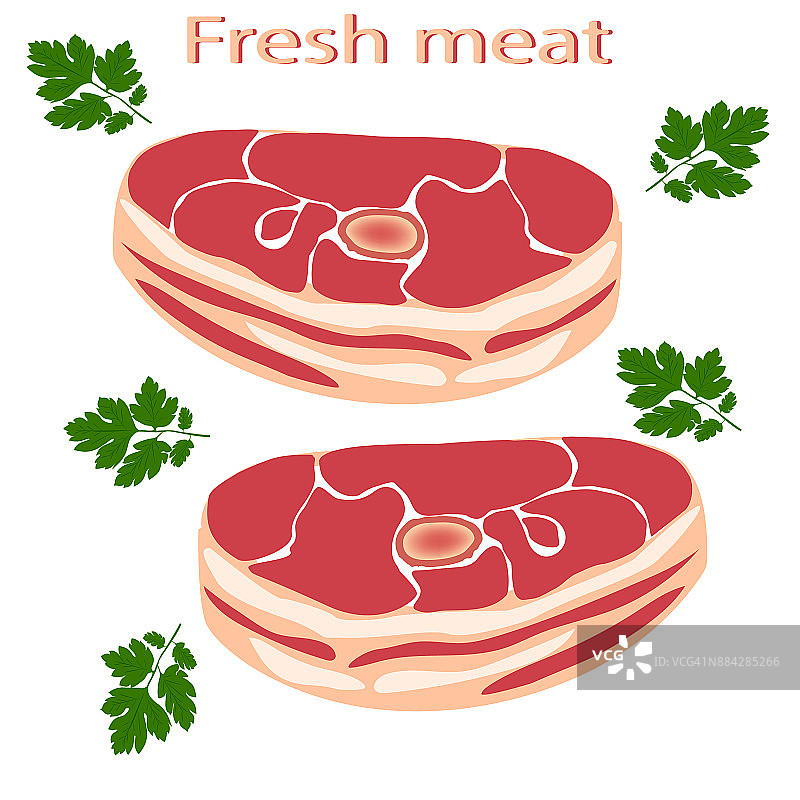 在白色背景下分离的新鲜生肉。肉类产品。肉牛排。向量。图片素材