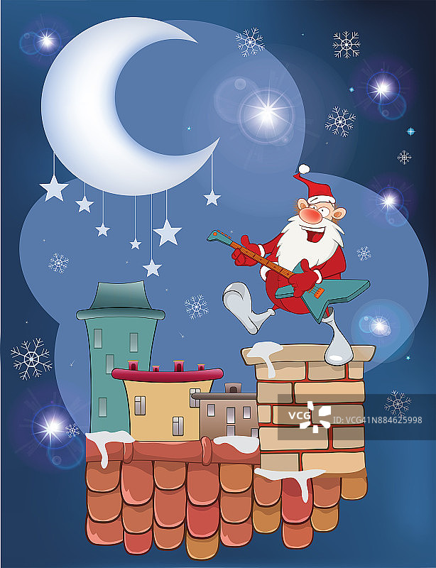 屋顶上可爱的圣诞老人爵士吉他手的插画图片素材