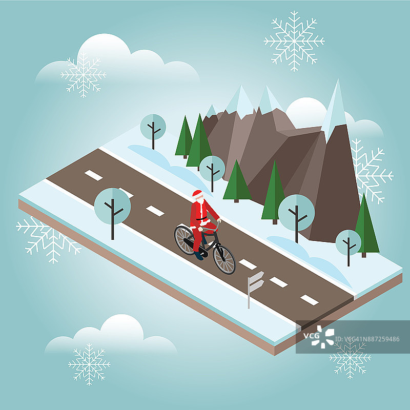 骑自行车的圣诞老人。等距农村。冬天的路。圣诞老人在乡村冬季公路或高速公路上骑车图片素材