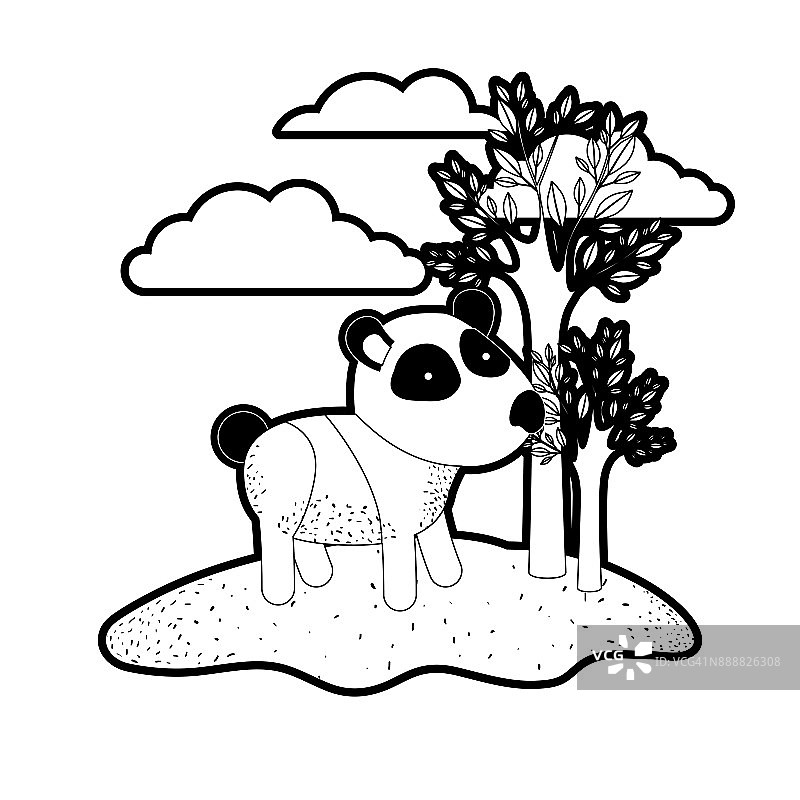 熊猫卡通在户外场景中以树和云的黑色剪影与厚实的轮廓图片素材