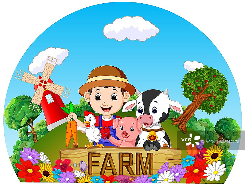 有许多动物和农民的农场场景图片素材