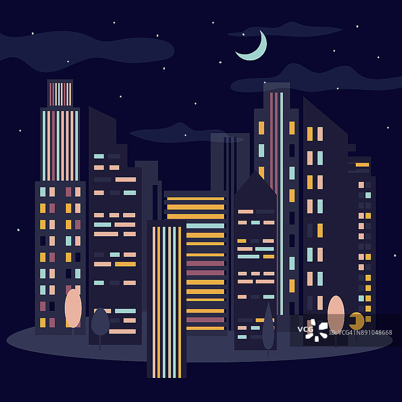 夜晚的城市。天际线与月亮图片素材