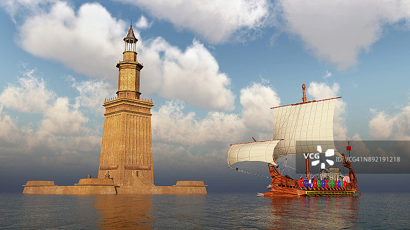 亚历山大灯塔和古罗马战舰图片素材