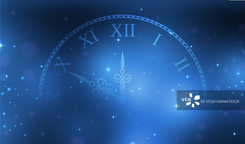 2018年新年蓝色闪烁星尘背景与时钟。矢量插图。图片素材