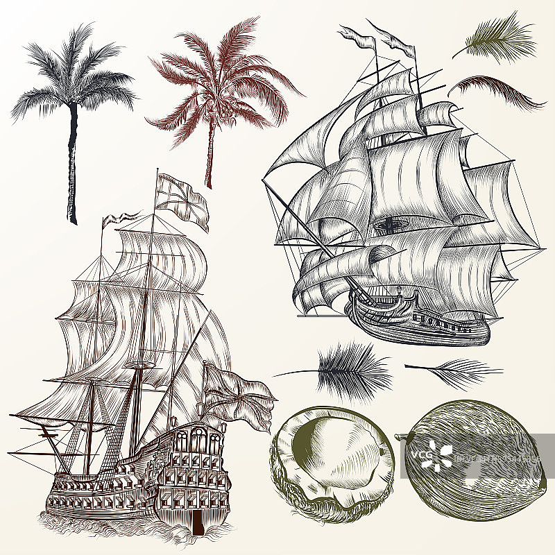 矢量古董船和棕榈树在复古风格。手绘设计图片素材