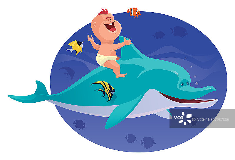 和海豚和热带鱼一起快乐的宝宝图片素材