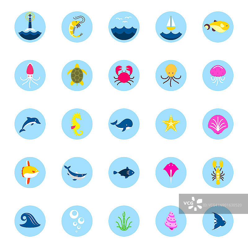海洋或海洋标志与动物和鱼类，贝类和贝壳。海洋图标。用于应用程序中的接口图片素材