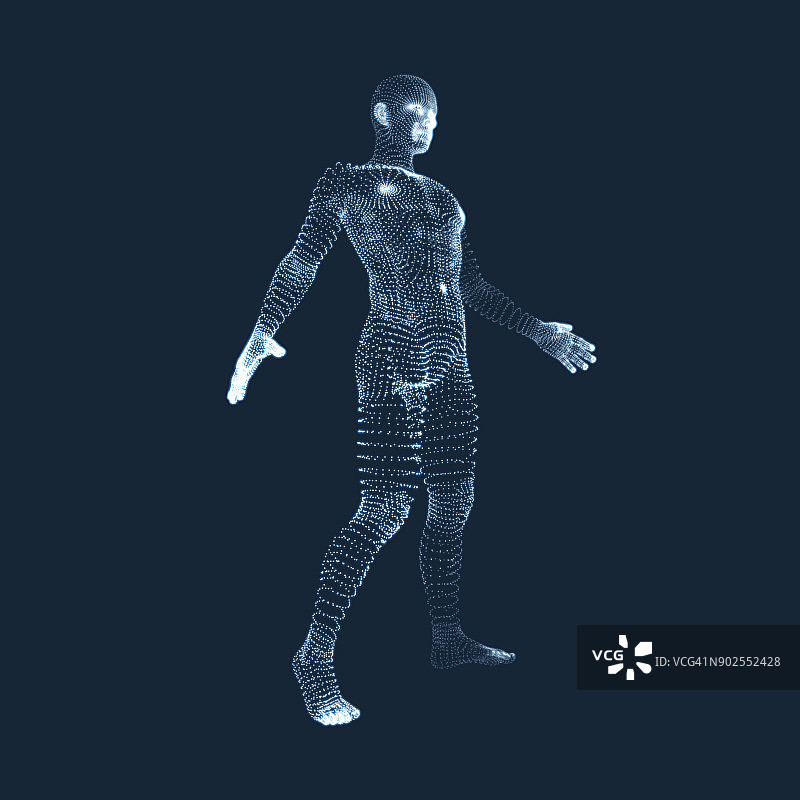人站在他的脚上。人的3D模型。人体模型。人体观。由粒子组成的矢量图形。图片素材