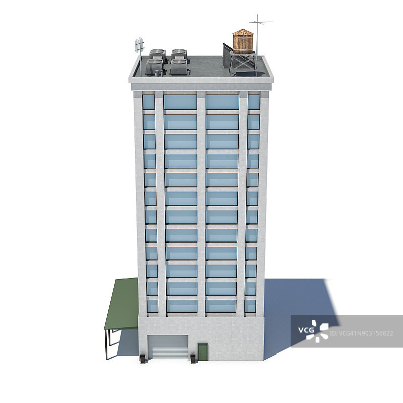 白色高层办公大楼的3d渲染，有许多大窗户和一个车库在一楼图片素材