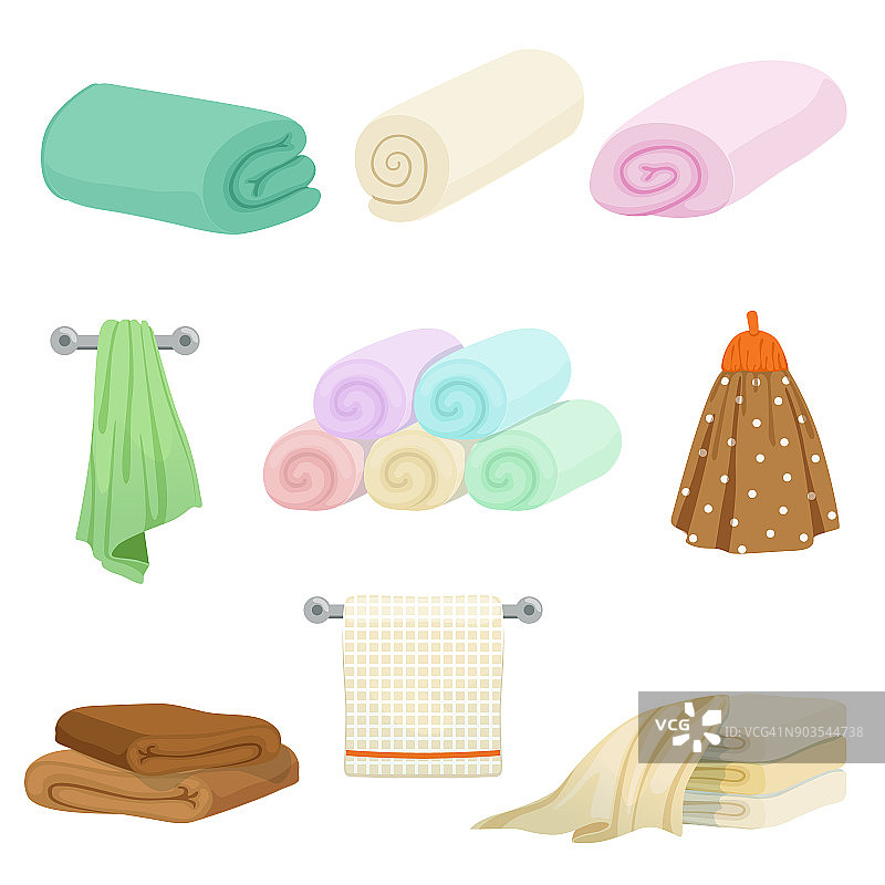 厨房和浴室用不同颜色的毛巾。矢量图片卡通风格图片素材