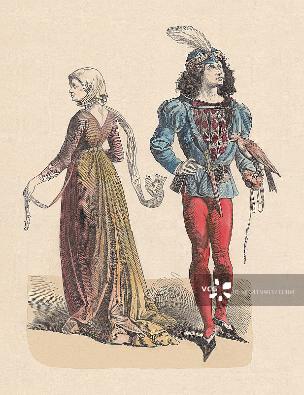 15世纪后半叶的法国服饰，大约在1880年出版图片素材