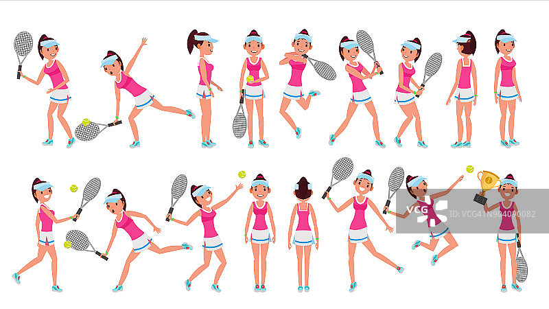 女子网球运动员向量。玩球。不同的姿势。在行动。平的卡通插图图片素材