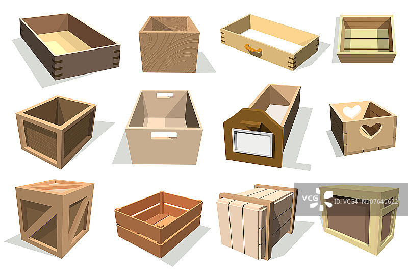 盒子包装矢量木制空抽屉和包装盒或包装板条箱与木箱集装箱交付或运输设置插图孤立在白色背景图片素材