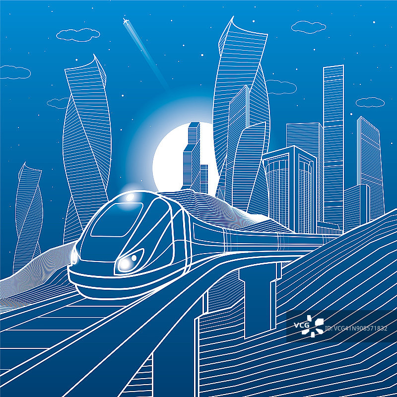 火车在山中的铁路桥上行驶。高楼大厦、现代城市、商业建筑。夜景。蓝色背景上的白线。风车的力量。矢量设计艺术图片素材