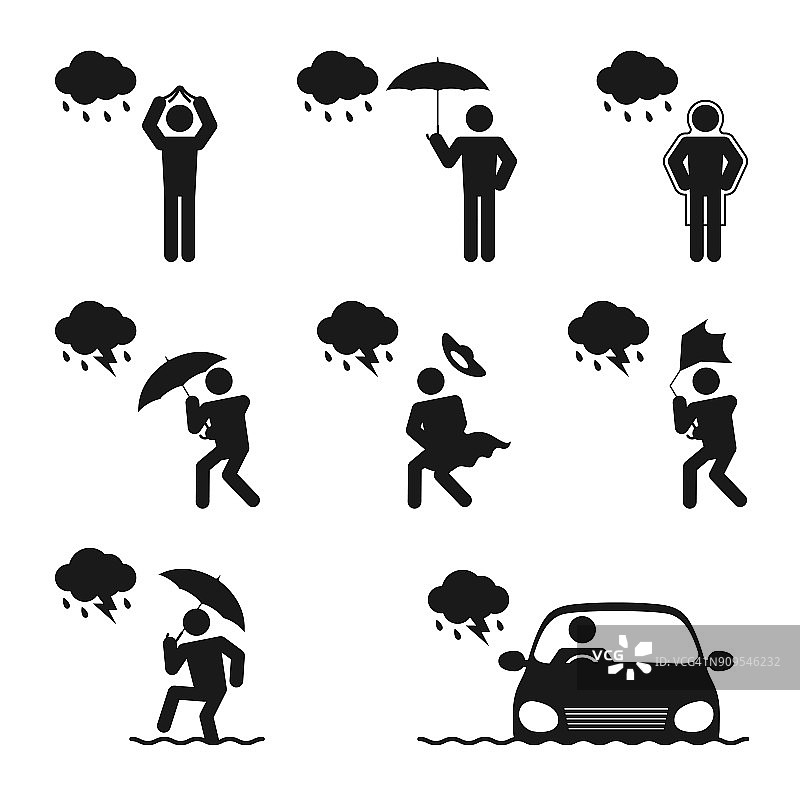 天气季节下雨的男人图标设置插图象形图设计黑白颜色孤立在白色背景，矢量eps10图片素材