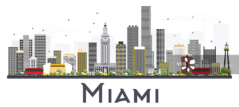 美国迈阿密城市天际线与灰色建筑物孤立在白色背景。图片素材
