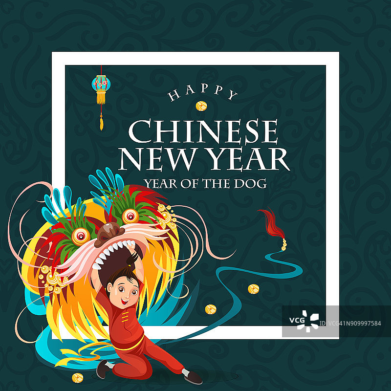 中国农历新年舞狮大战孤立在黑暗的背景下，快乐的舞者在中国传统服装手持五颜六色的龙面具在游行或狂欢节，卡通风格矢量插图图片素材