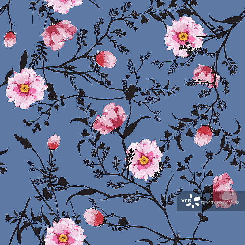 花卉无缝图案盛开粉红色水彩花植物图案分散随机。无缝矢量纹理。图片素材