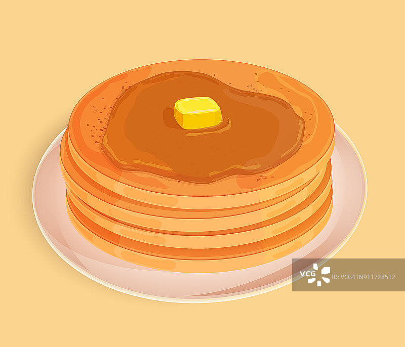 有蜂蜜、浇头或枫糖浆和一块黄油的薄煎饼放在一个盘子里。图标孤立的米色背景。矢量插图。可用于设计菜单，食谱，横幅，海报图片素材