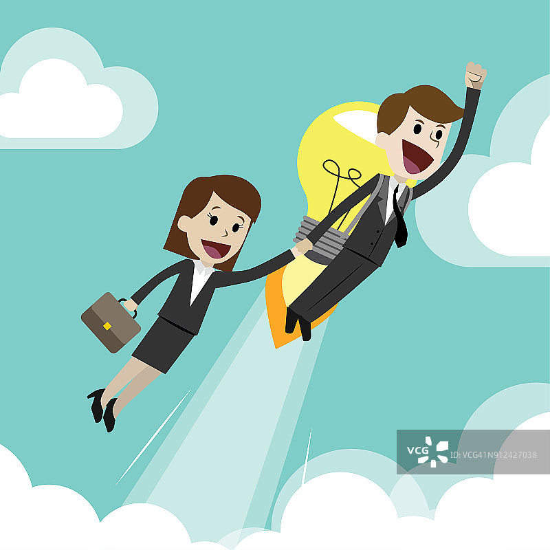 商人或经理与同事获得新的业务思路。启动。带着灯像气球一样飞着的同事。图片素材