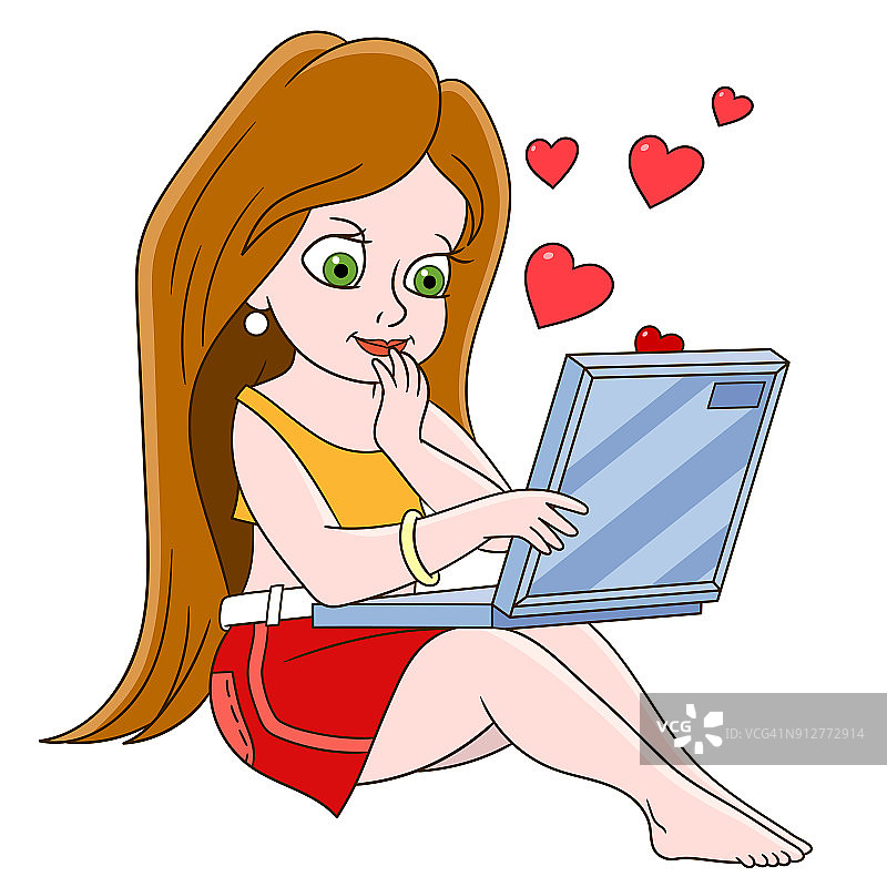 卡通女孩在她的笔记本电脑上收到爱的信息图片素材