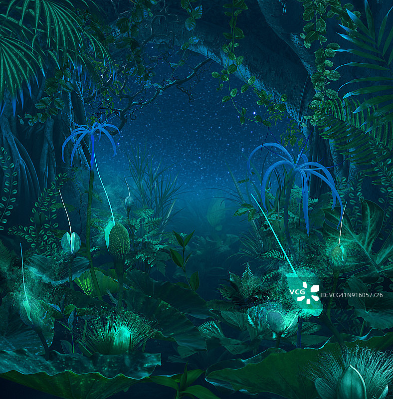 超现实的夜晚丛林与发光的植物和花卉图片素材
