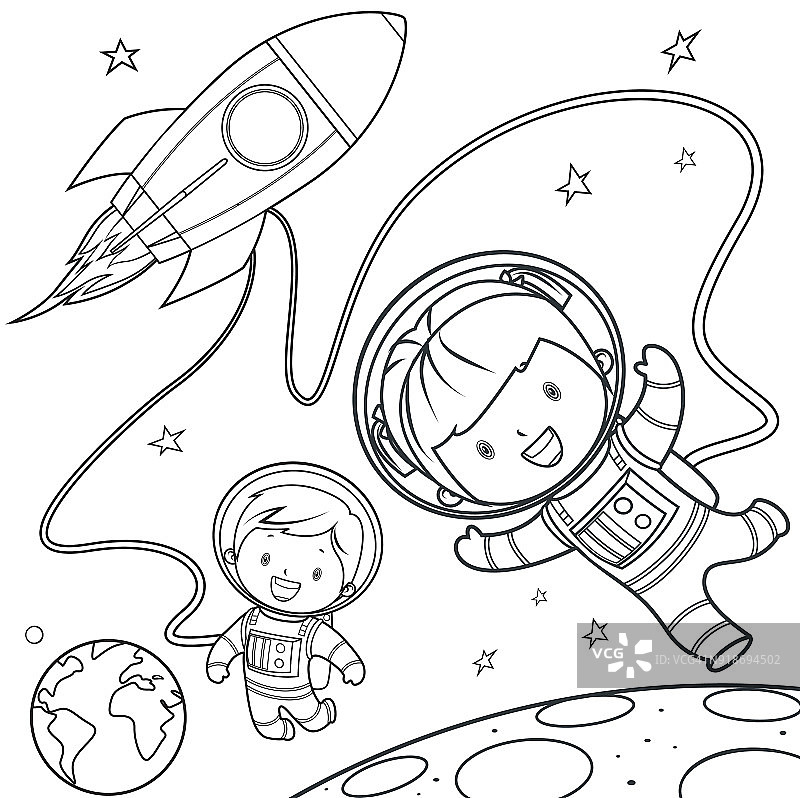 涂色书，太空旅行中的火箭。图片素材