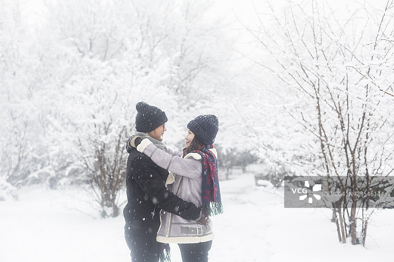 深情的情侣站在冬天的风景里图片素材