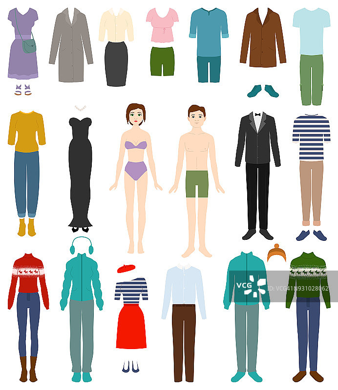 服装矢量女人或男人穿的衣服和女性或男性时装配饰插图套服装或服装购物孤立在白色的背景图片素材