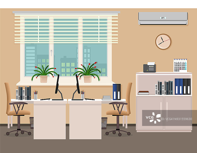 办公室室内设计包括两个带空调的工作场所。商务办公室中的工作场所组织。图片素材