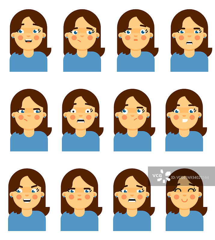 女性面部表情图标上的白色背景图片素材