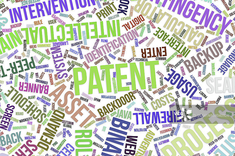 专利，概念词云用于商业，信息技术或IT。图片素材