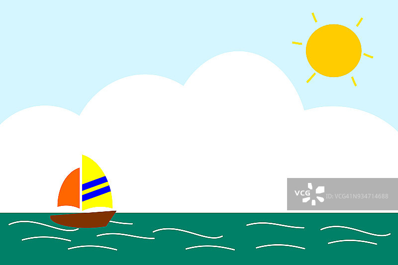 插图矢量海景和帆在阳光明媚的日子。海和夏天的概念。图片与复制空间。图片素材
