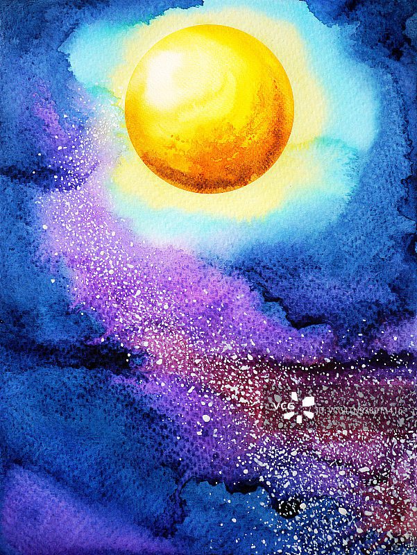 黄色的大满月在深蓝色的夜空上水彩画插图设计手绘图片素材